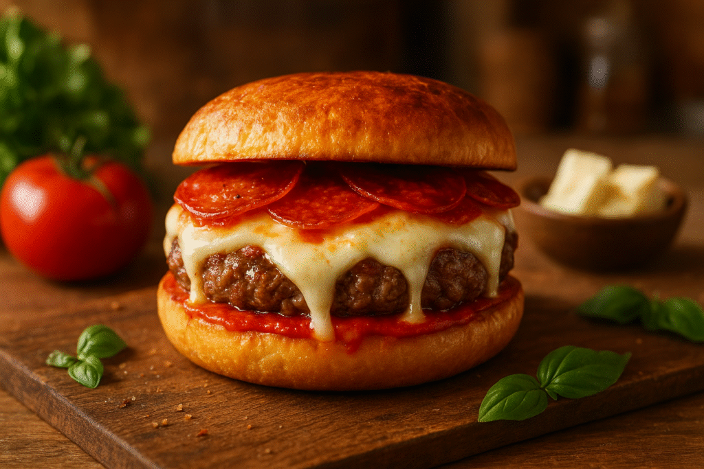 Un burger maison sur une planche en bois