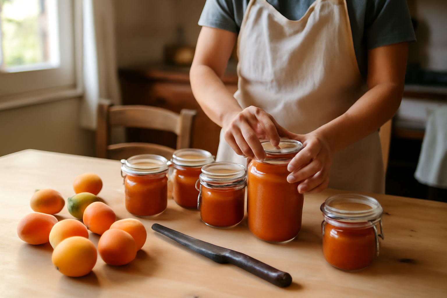 Confiture d abricots maison dans des bocaux en verre, sur une table en bois en cuisine