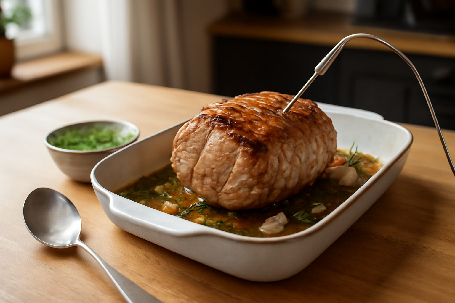 cuisson roti de veau au four : rôti doré dans un plat, sonde en place, lumière chaude de cuisine