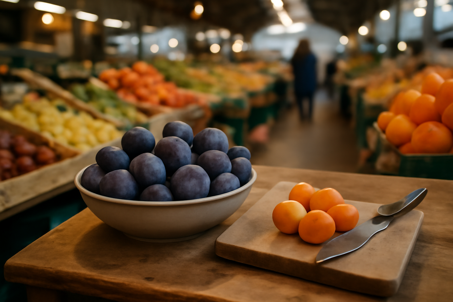 fruit en q : quetsche et quandong sur un marché ensoleillé