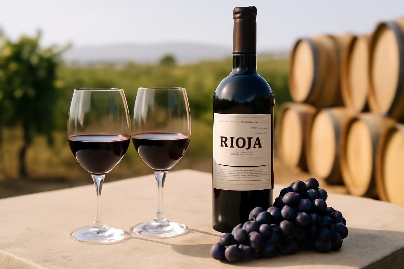 Verres de vin de Rioja sur une table en pierre, bouteilles et raisin à La Rioja, lumière du matin