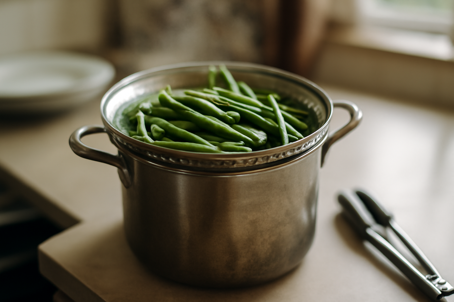 haricots verts cuisson à la vapeur dans une casserole avec panier perforé