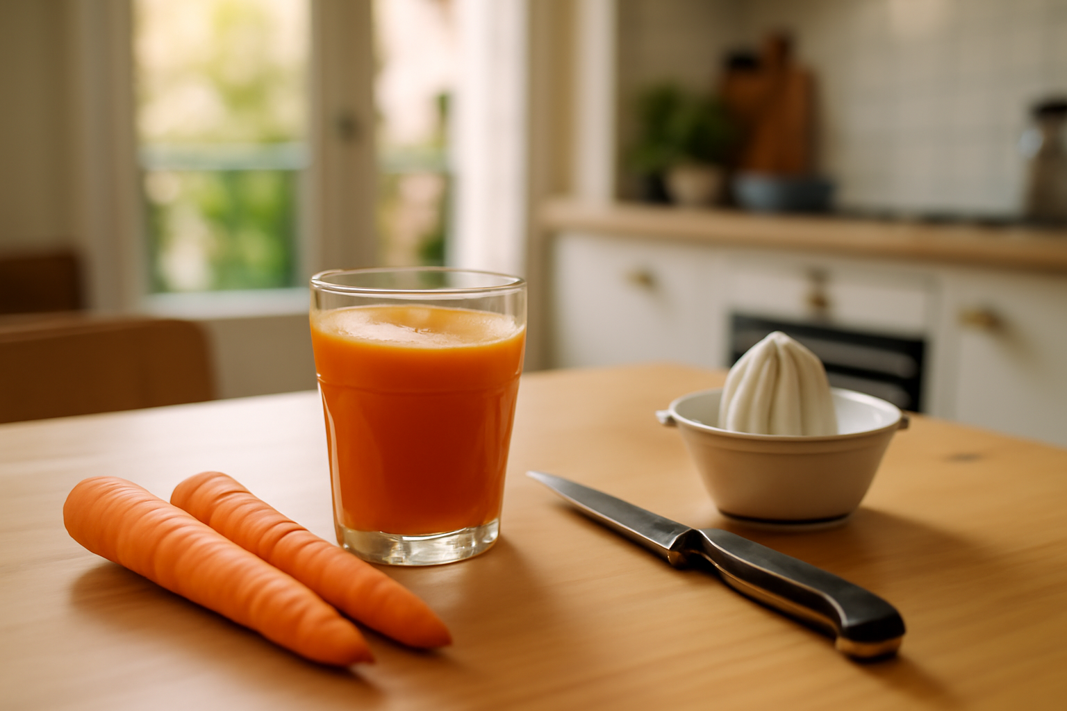 Jus de carotte maison dans un verre sur une table en bois
