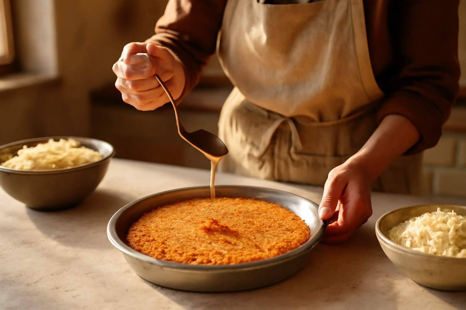 knafeh doré croustillant nappé de sirop sur plat de service