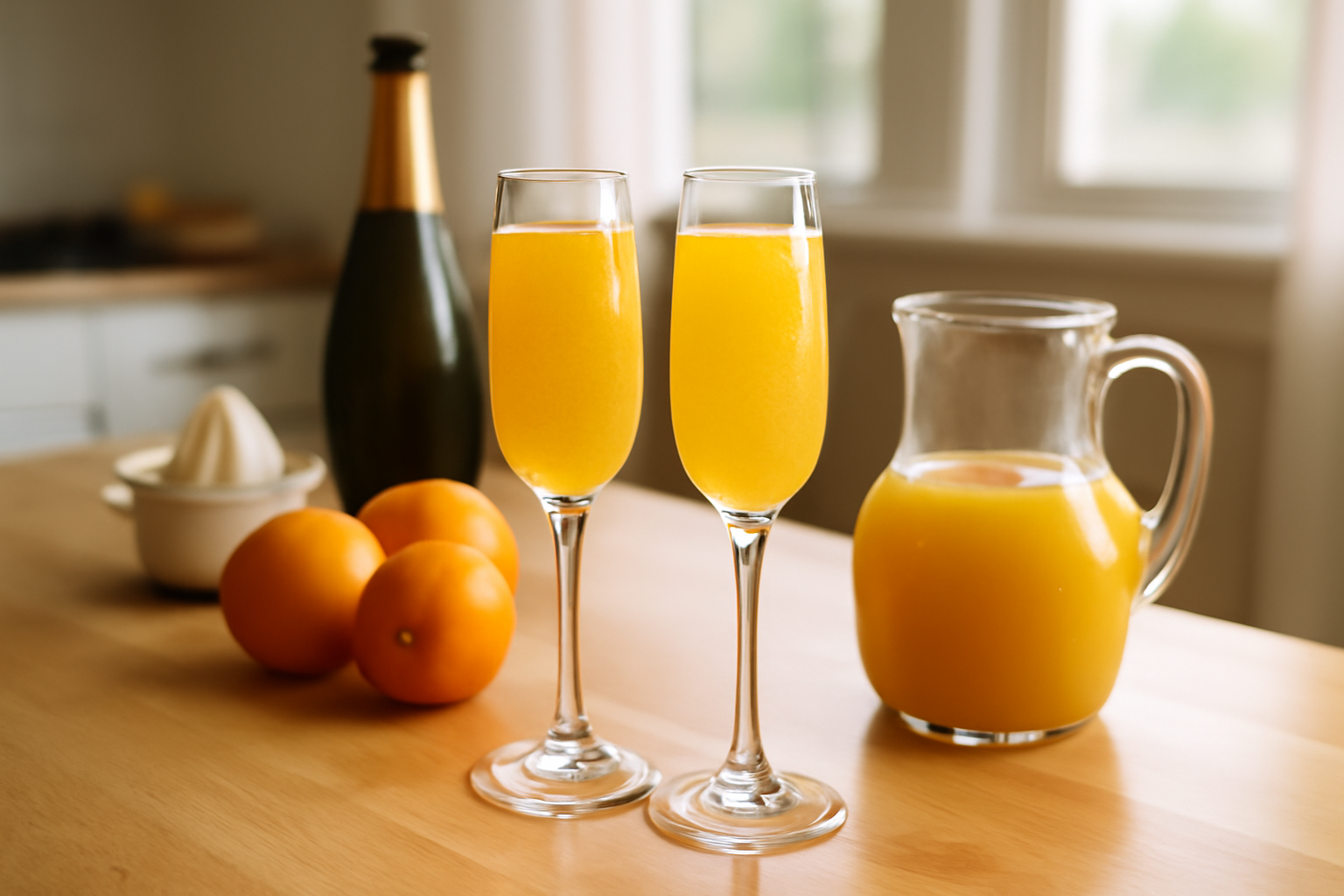 Mimosa cocktail dans des coupes, jus d’orange frais et vin mousseux bien frais sur table de brunch