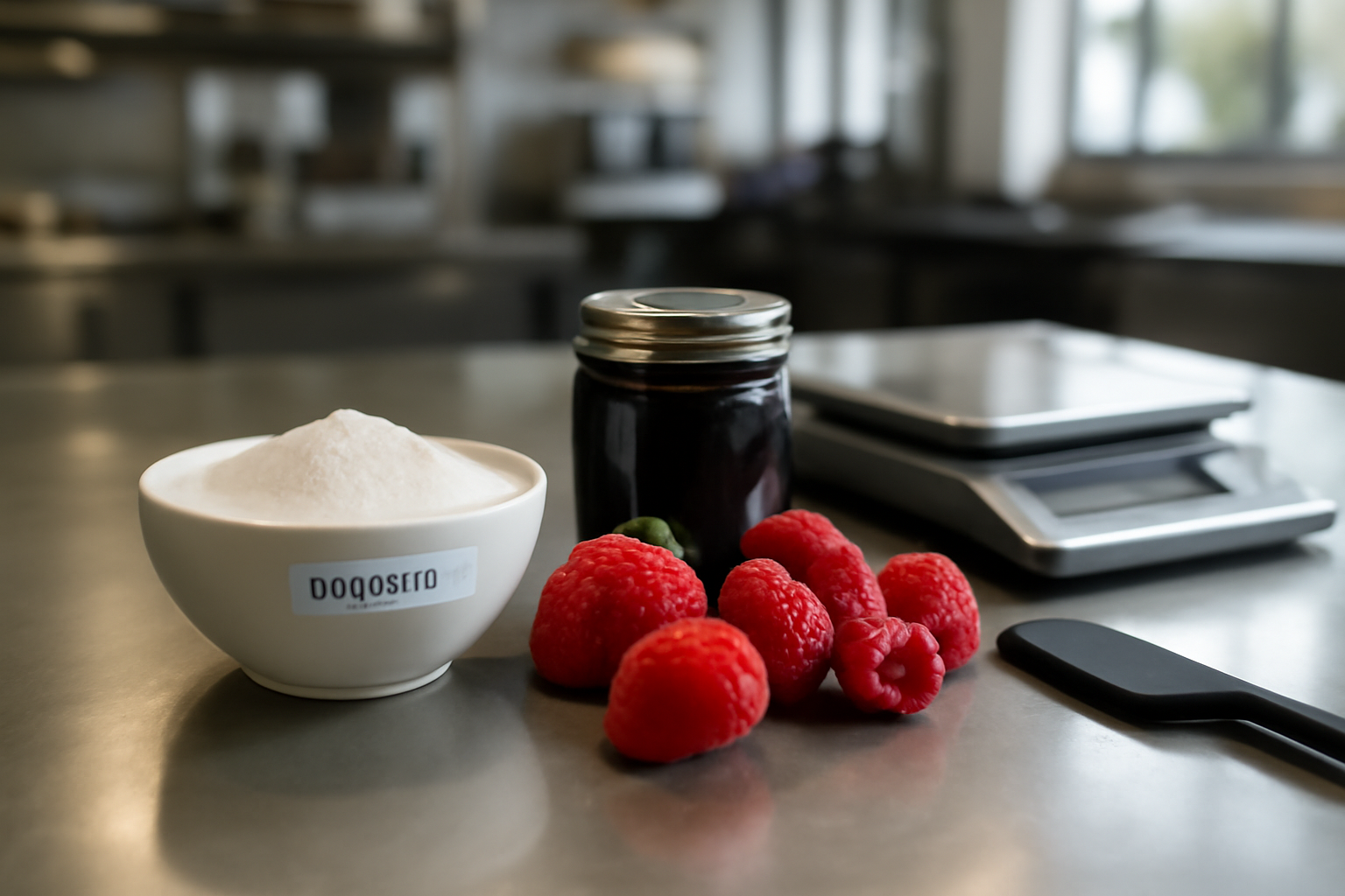 Pectine NH en poudre pour pâtisserie, bols et fruits frais sur un plan de travail