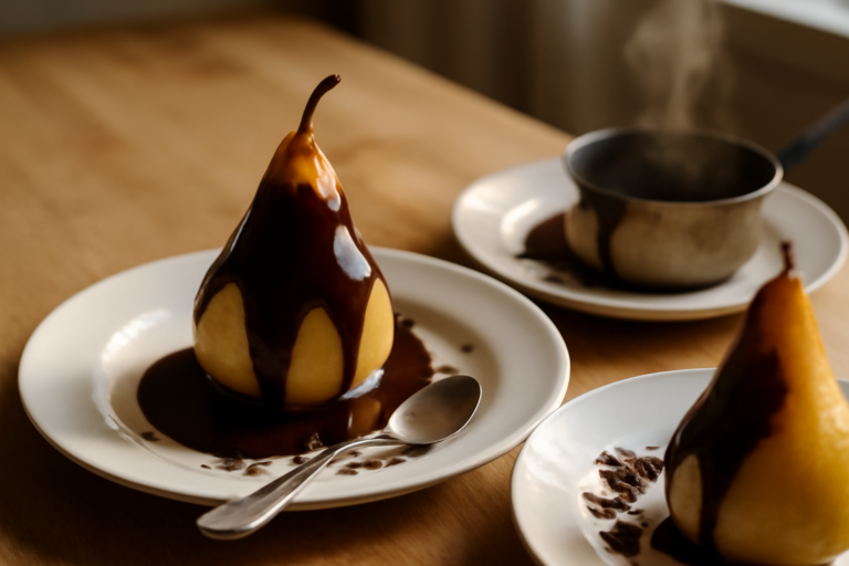 Poire Belle Hélène recette : poires pochées chocolat
