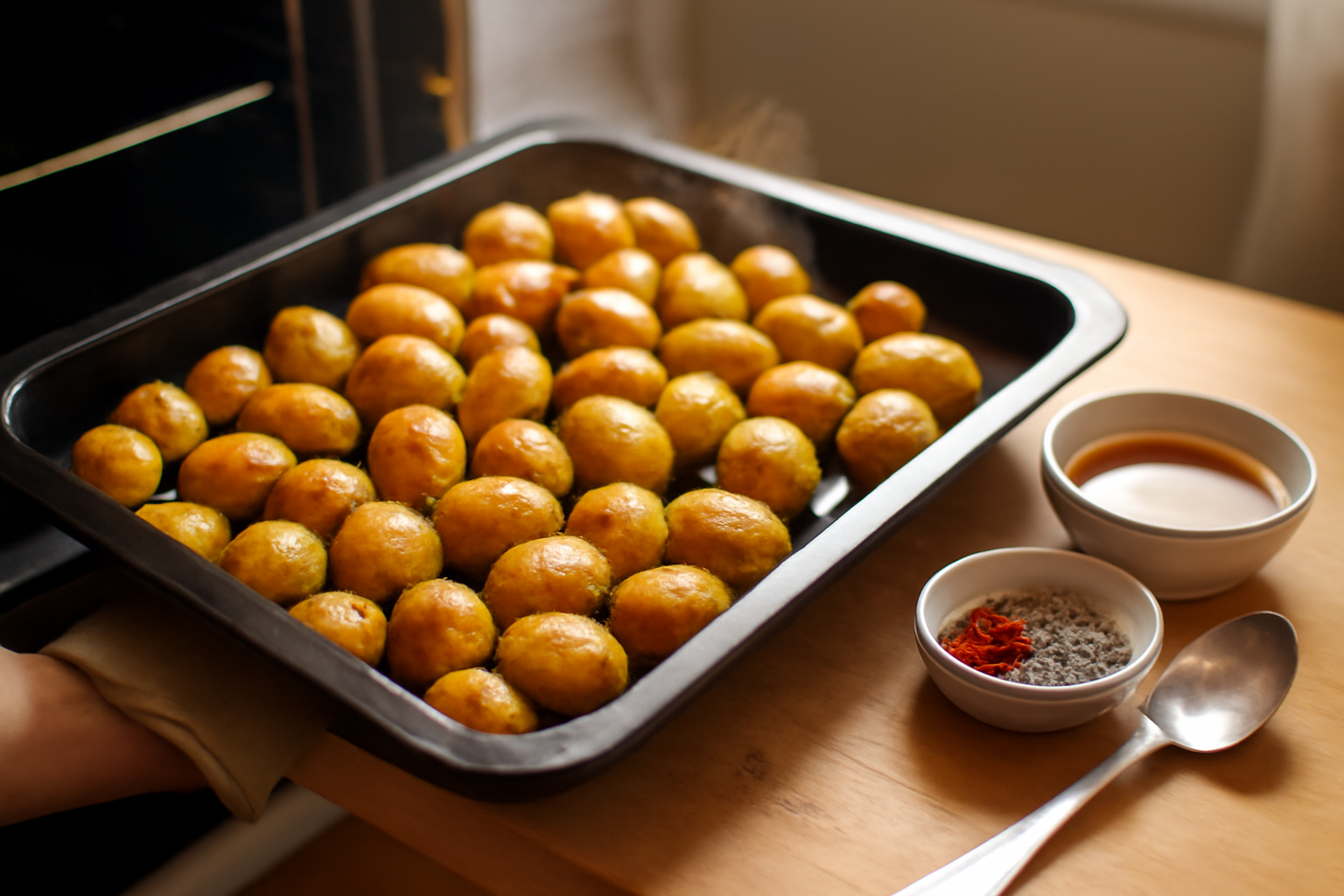 Pommes de terre grenaille au four croustillantes sur plaque, prêtes à servir
