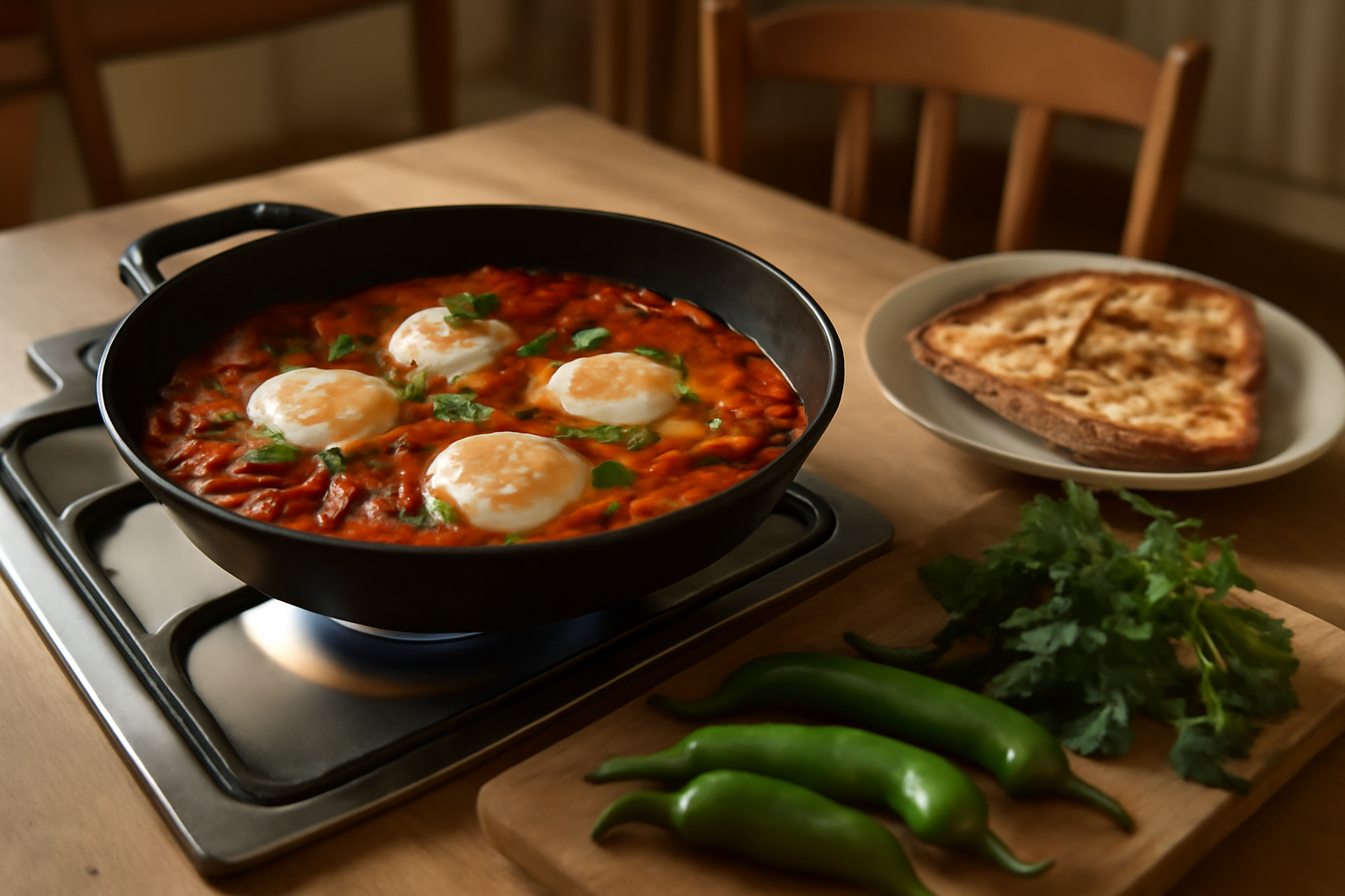 recette piperade basque aux œufs, poêle fumante avec tomates et œufs