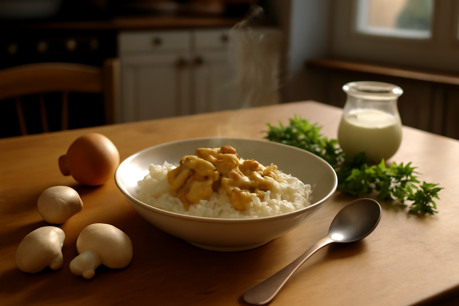 Riz au sauce aux champignons et crème, photo réaliste sur table en bois