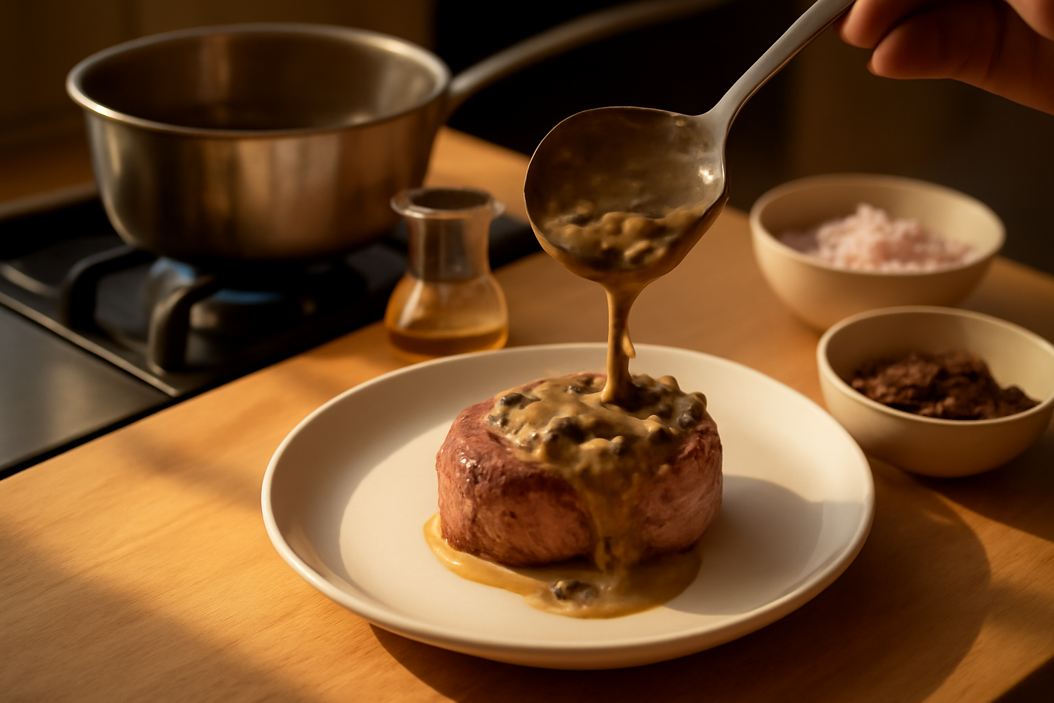 sauce aux morilles nappant une viande, cuisine maison en lumière chaude