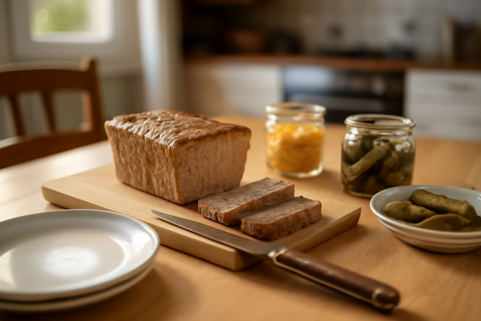 Terrine de campagne maison prête à être tranchée sur une table en bois