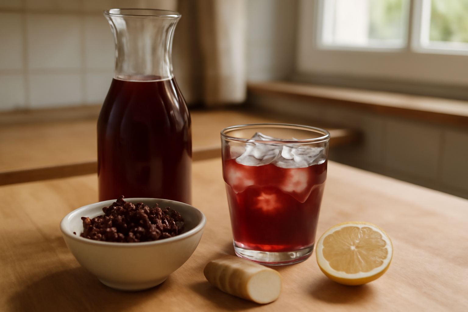 bissap recette maison : verre de jus d’hibiscus rouge profond et calices d’hibiscus séchés