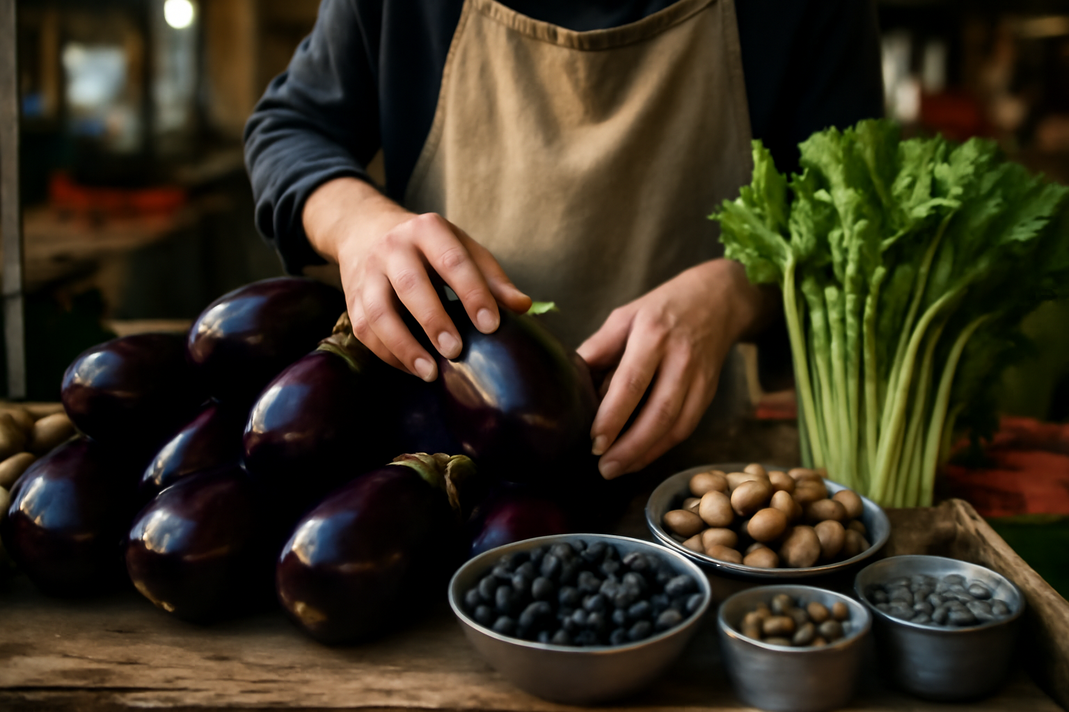 aubergines fermes pour une caponata sicilienne, avec céleri branche, olives et câpres