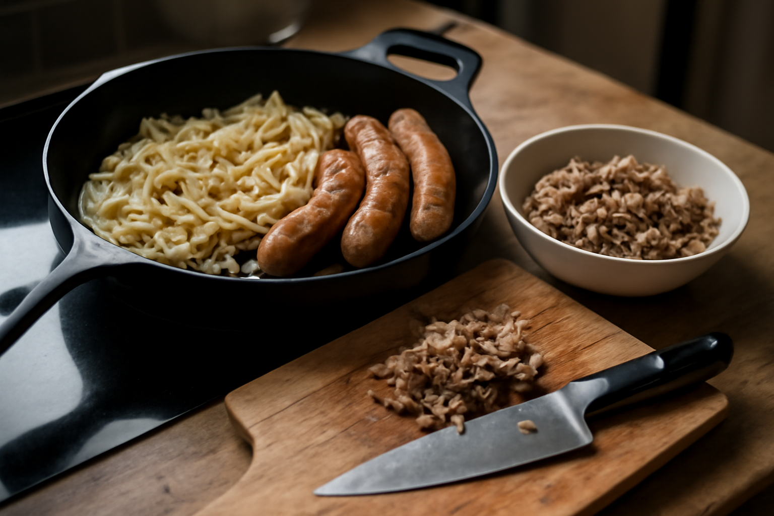garniture de cassoulet maison : saucisse de Toulouse, oignons fondants et confit de canard
