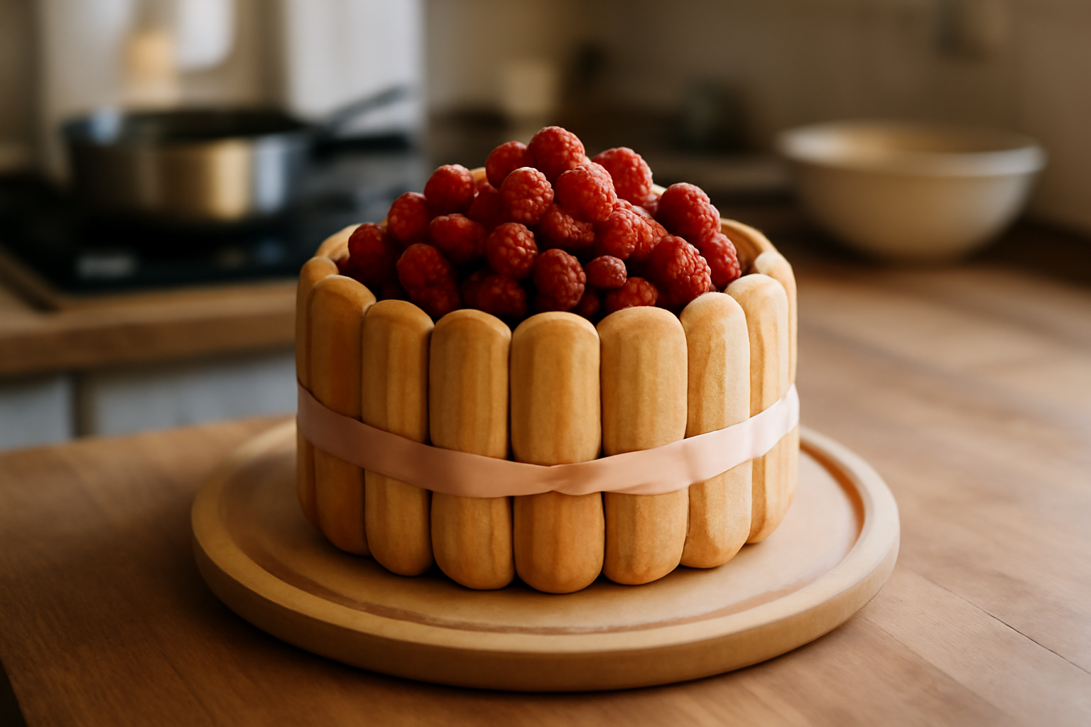 Charlotte framboise maison sur plateau, framboises fraîches et ruban de biscuit à la cuillère