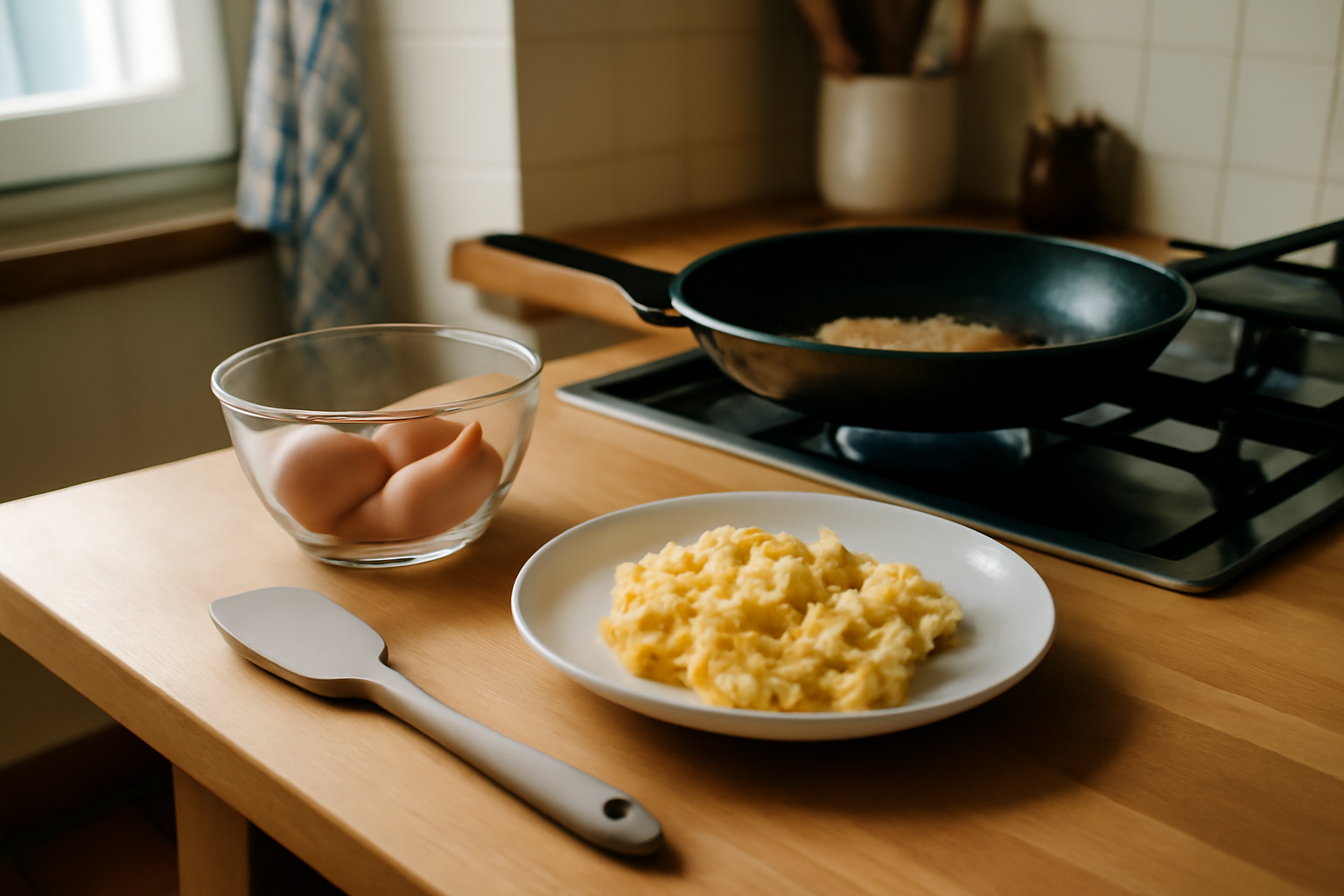 Comment faire des oeufs brouillés crémeux dans une poêle à fond épais, vue gourmande, lumière naturelle