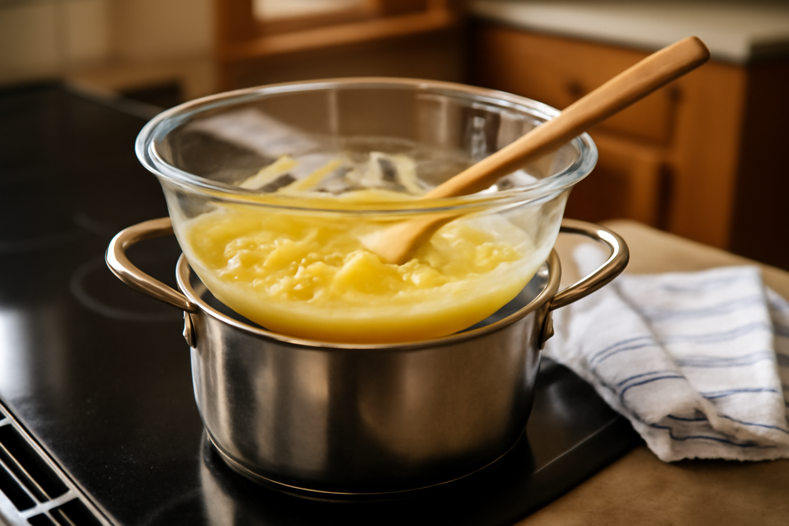 Œufs brouillés crémeux au bain-marie, bol sur eau frémissante, texture brillante