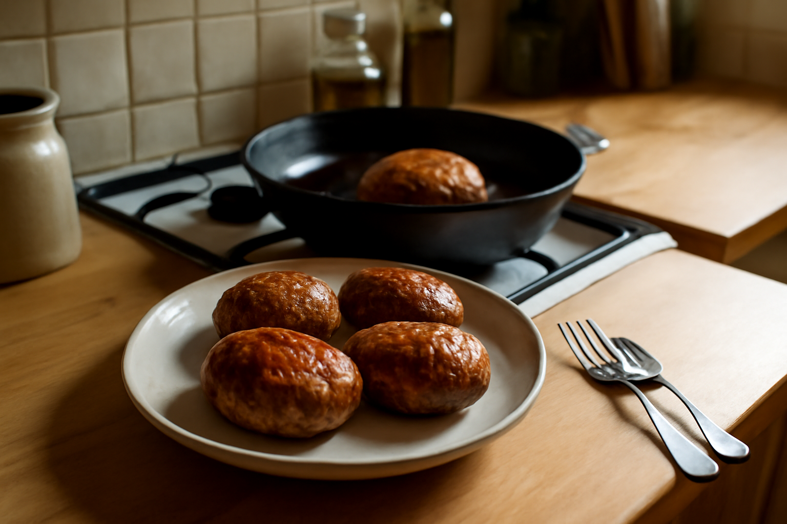 Crepinette de porc dorée, crépine fondante et farce juteuse sur assiette