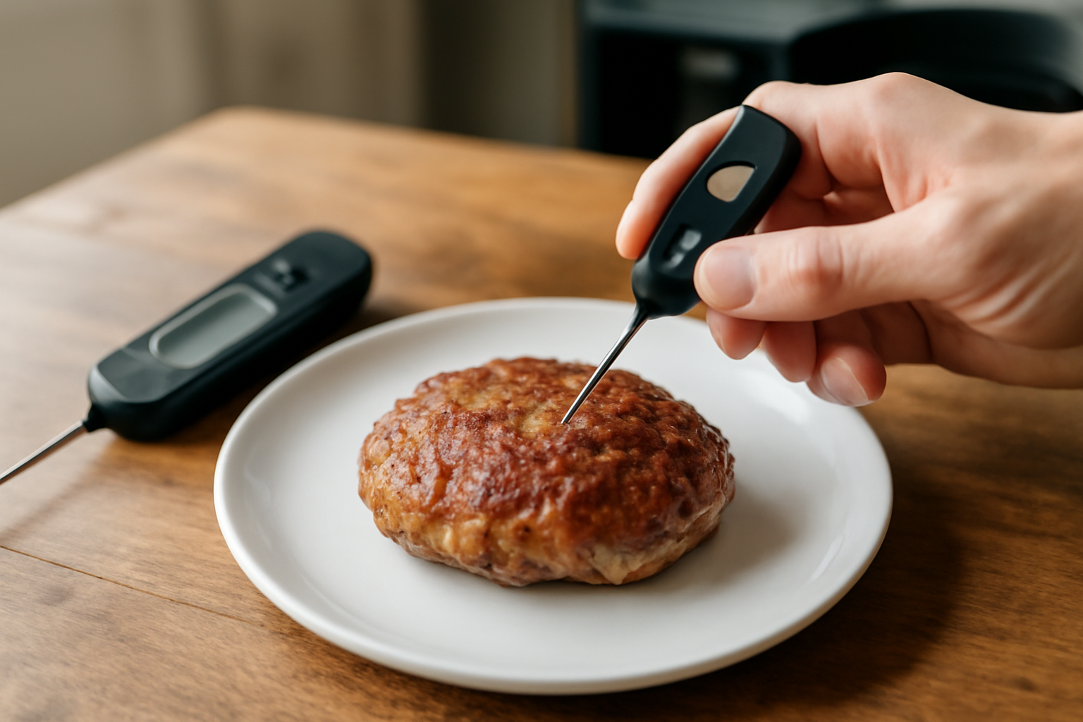 Thermomètre de cuisson mesurant la température cœur d’une crépinette de porc