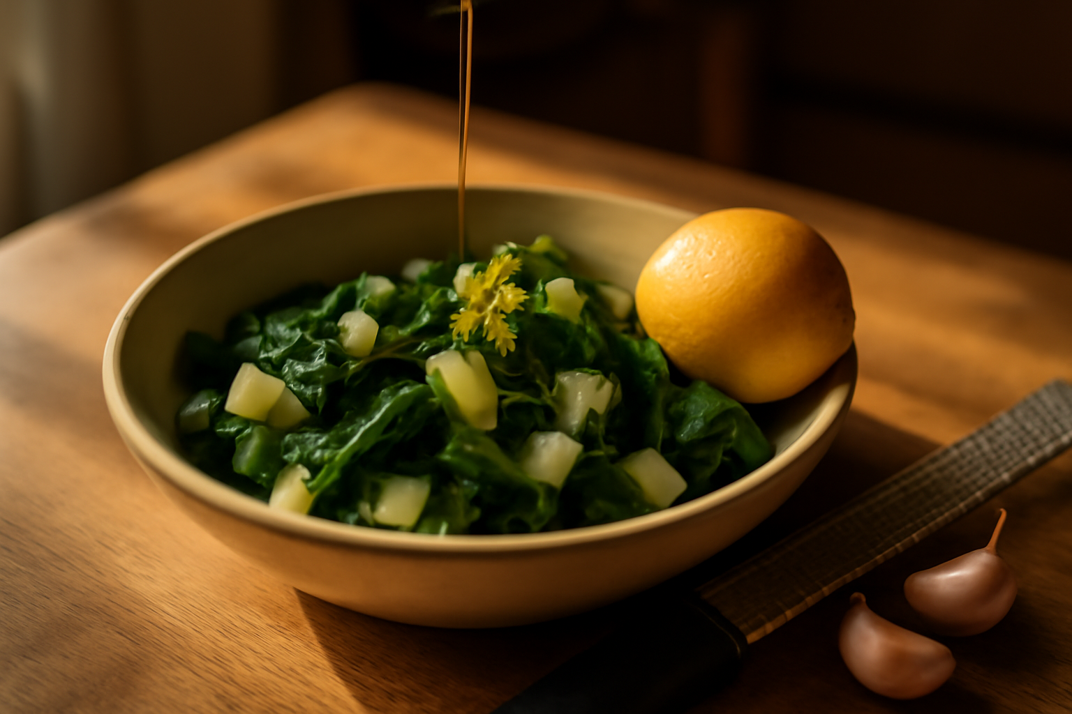 assaisonnement des blettes avec huile d’olive et citron après cuisson
