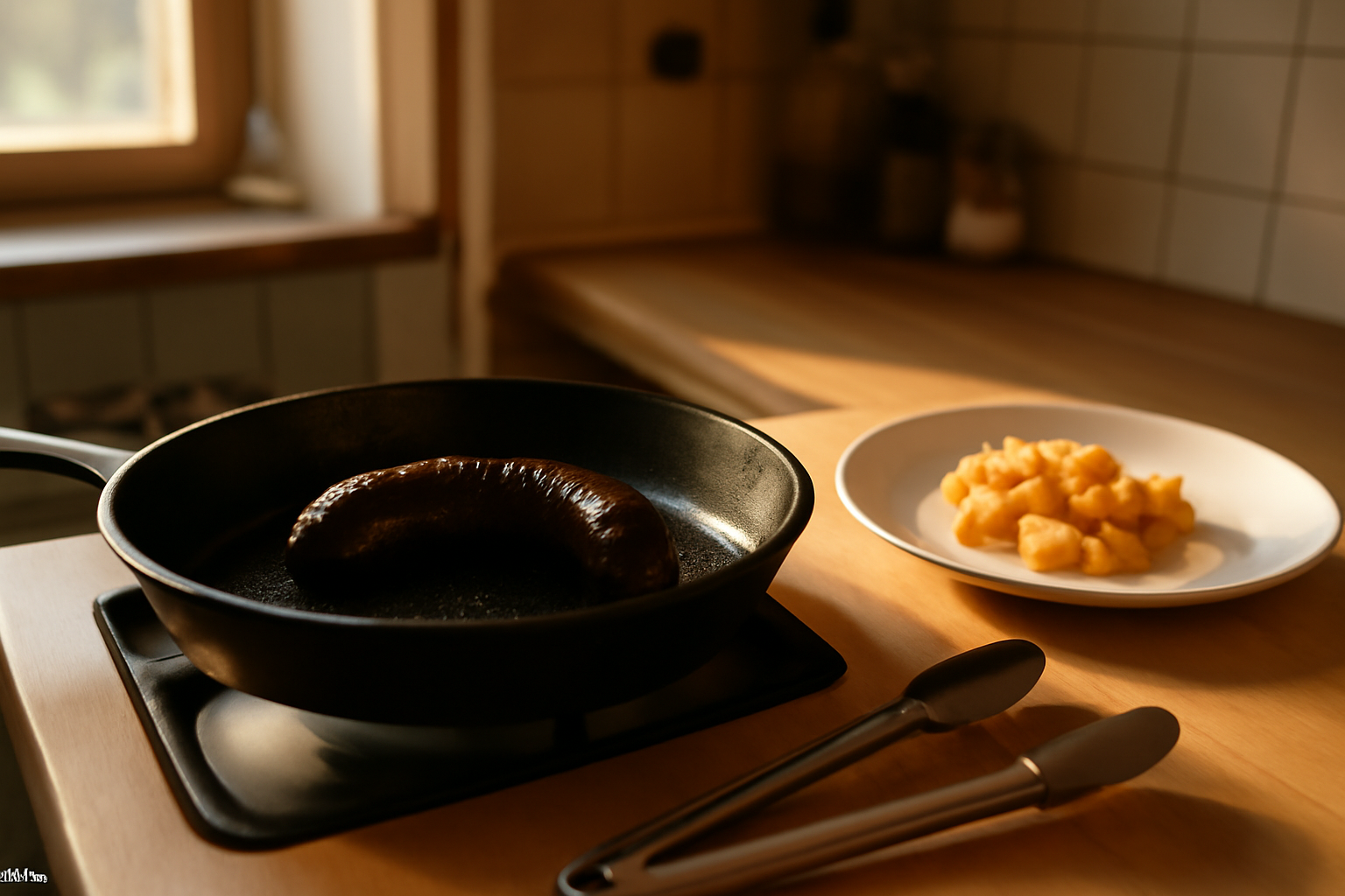 cuisson boudin noir à la poêle, boudin doré et moelleux sur une assiette