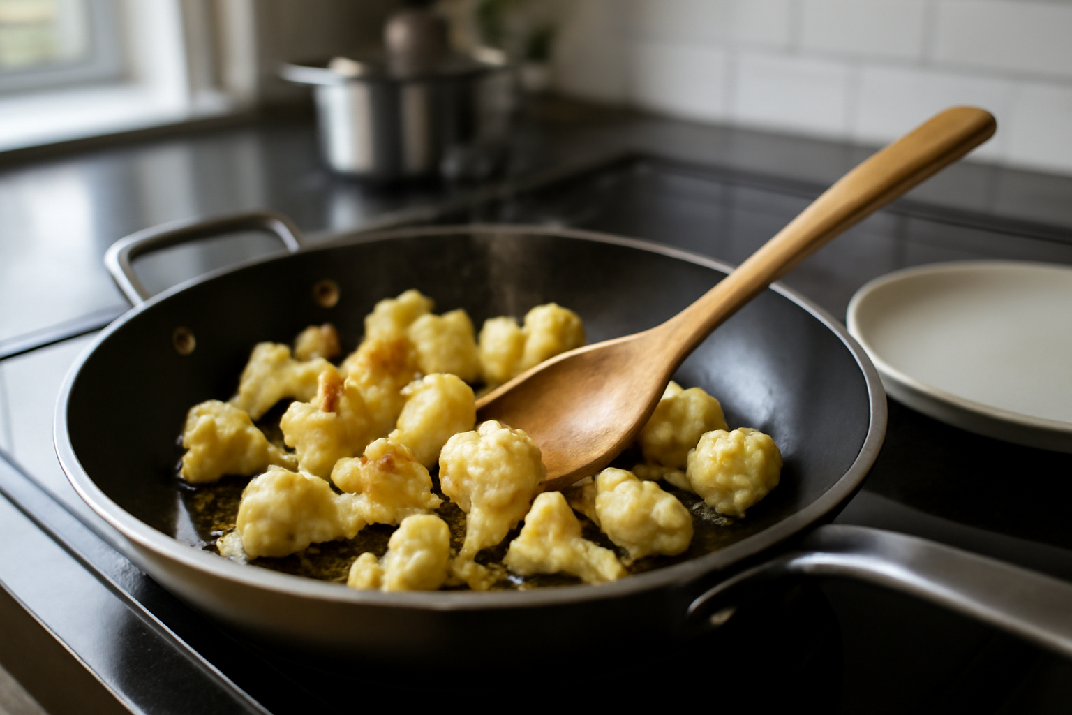 bords dorés de chou-fleur après cuisson cocotte minute puis poêle