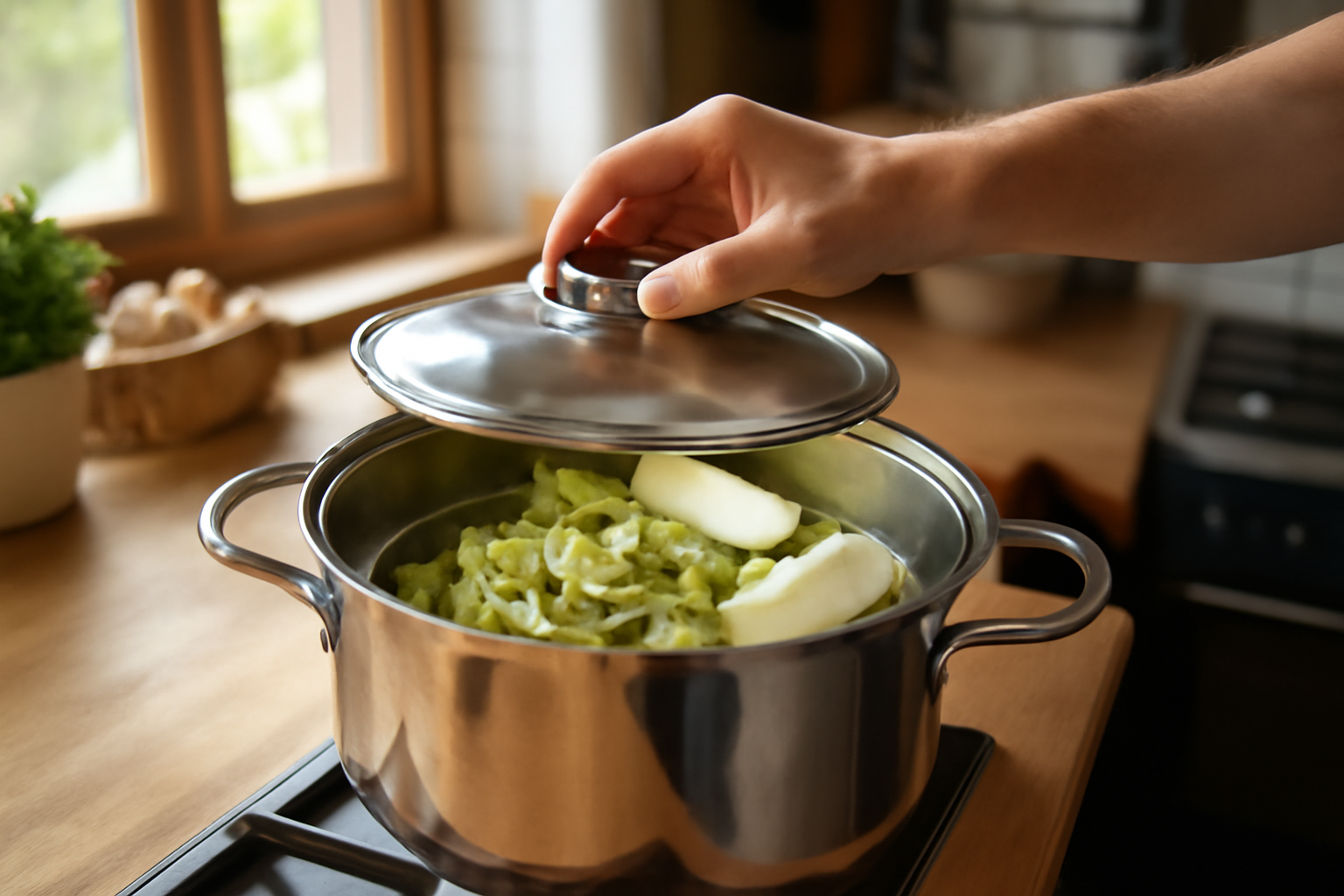 cuisson poireaux à la vapeur dans une casserole avec panier vapeur, cuisine française lumineuse