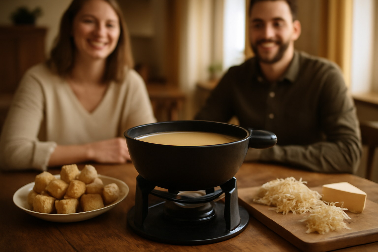 Fondue suisse au caquelon fumant avec pain en cubes et fromage râpé