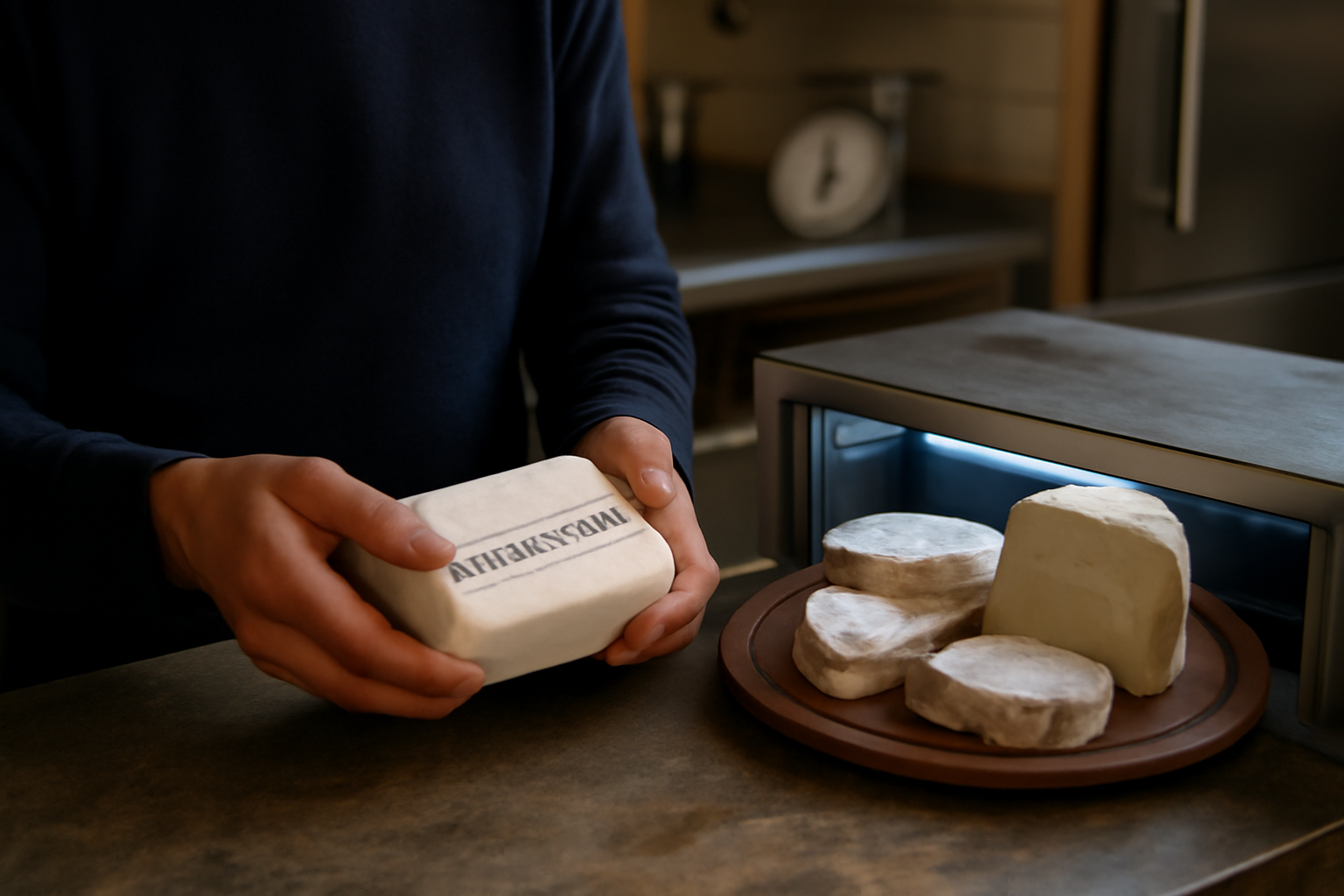 Fromage pasteurisé avec mention lait pasteurisé sur l’étiquette, plateau au réfrigérateur