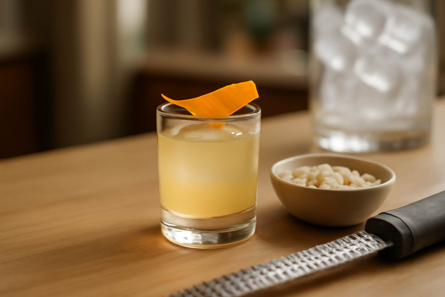madeleine cocktail en shot, verre à cocktail et zeste d’orange sur table en bois