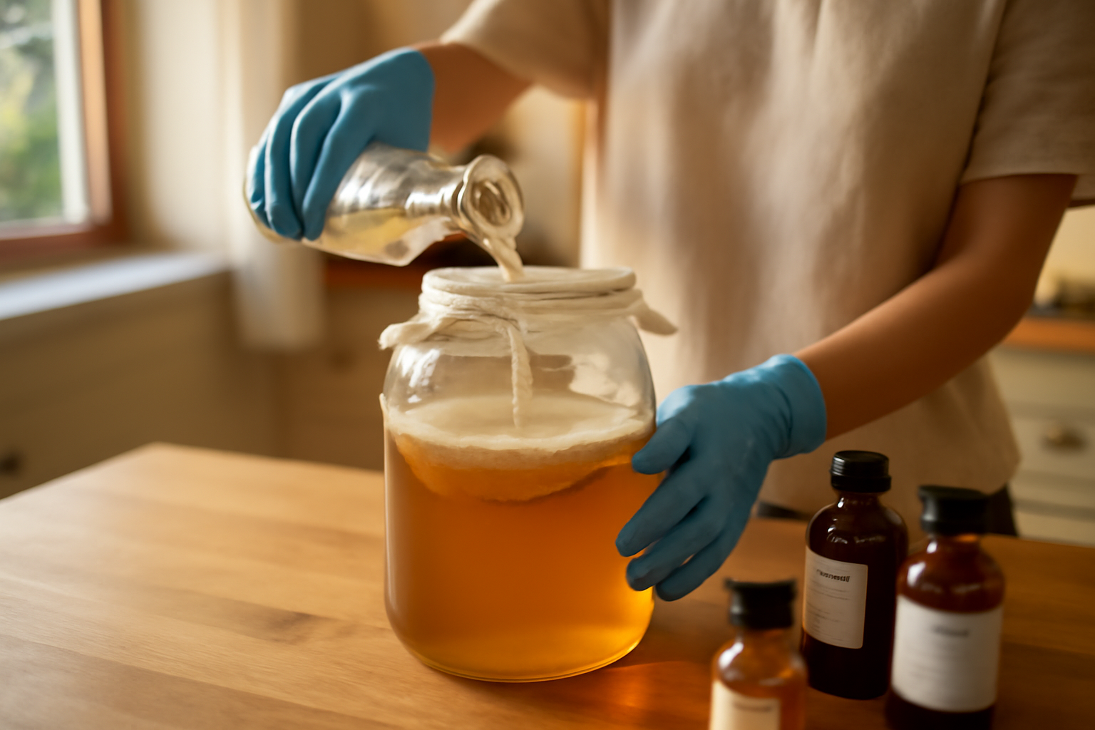 Mère de vinaigre : biofilm gélatineux dans un bocal en verre, prêt pour l’acétification