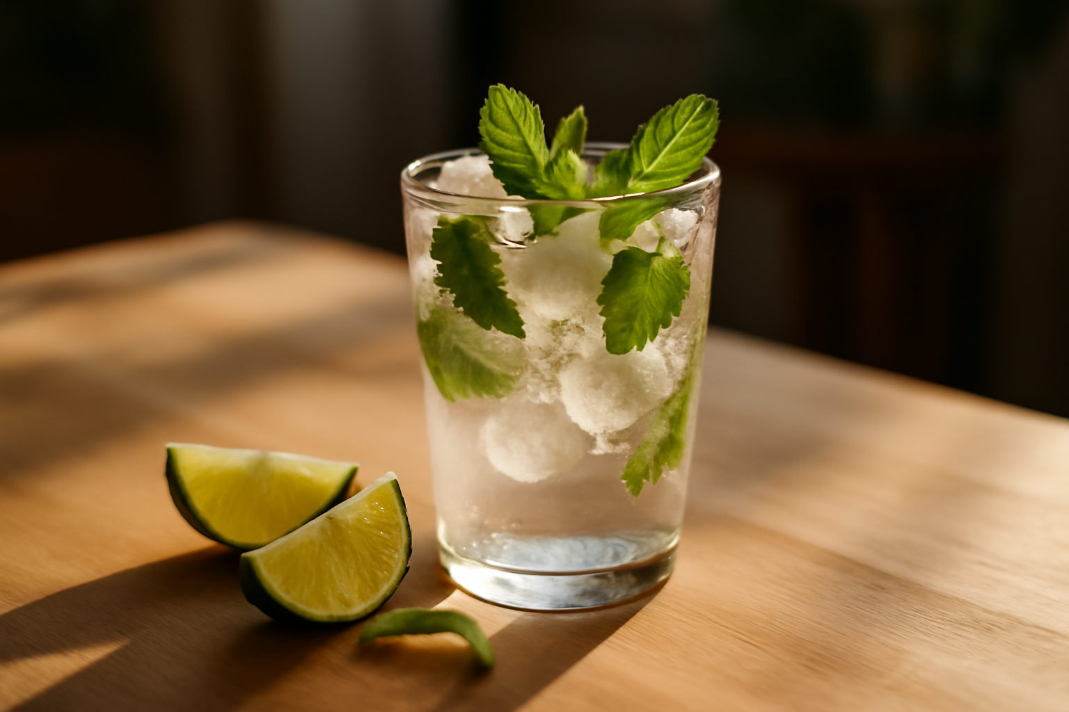 Mojito sans alcool en verre avec menthe fraîche et citron vert sur table