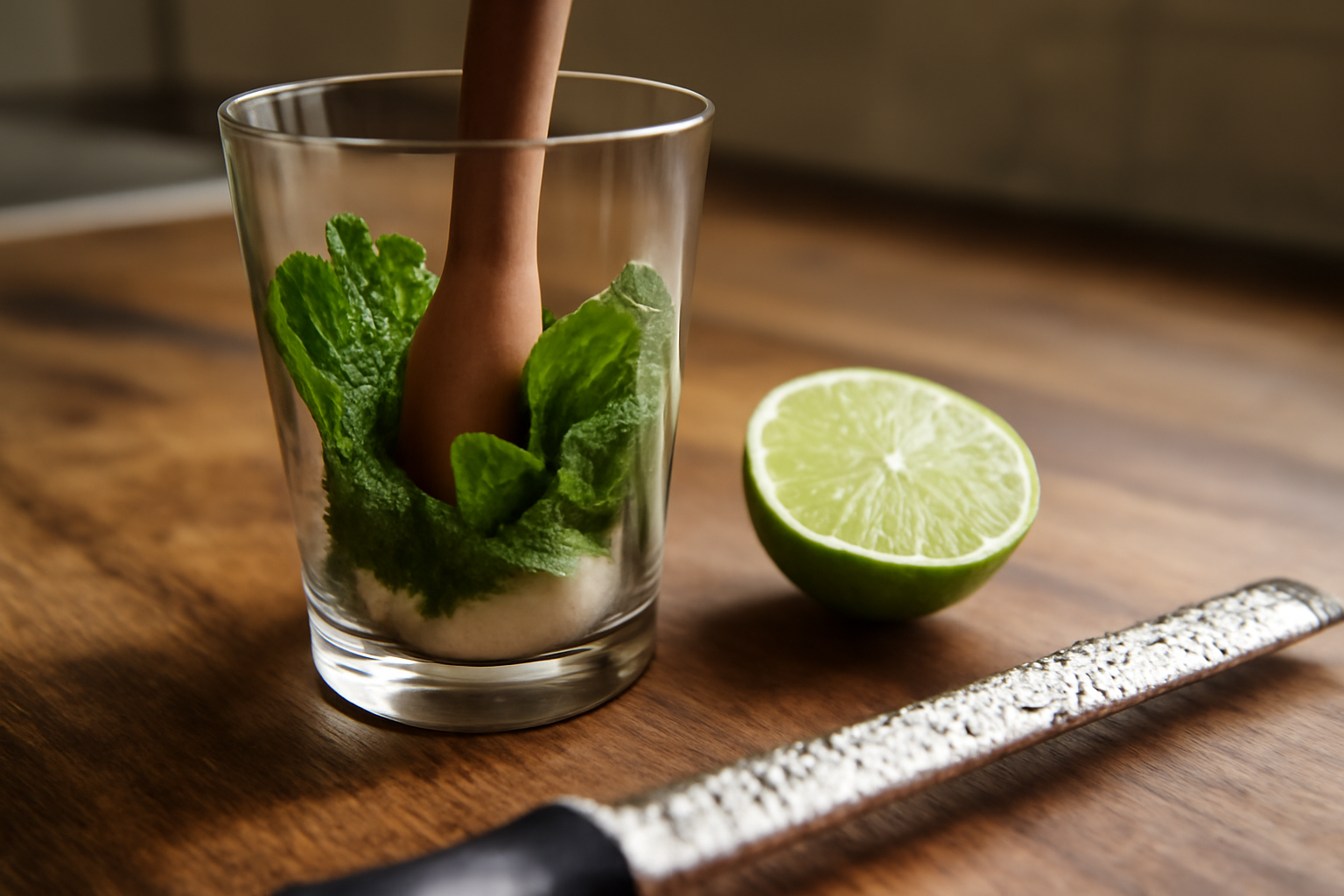 Préparation d’un mojito sans alcool : menthe écrasée au pilon et citron vert