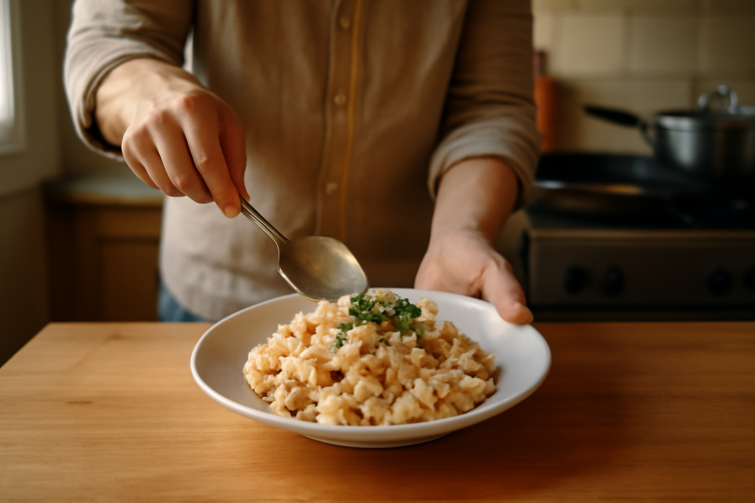 pates au thon dans une assiette, sauce crème et herbes, cuisine familiale lumineuse
