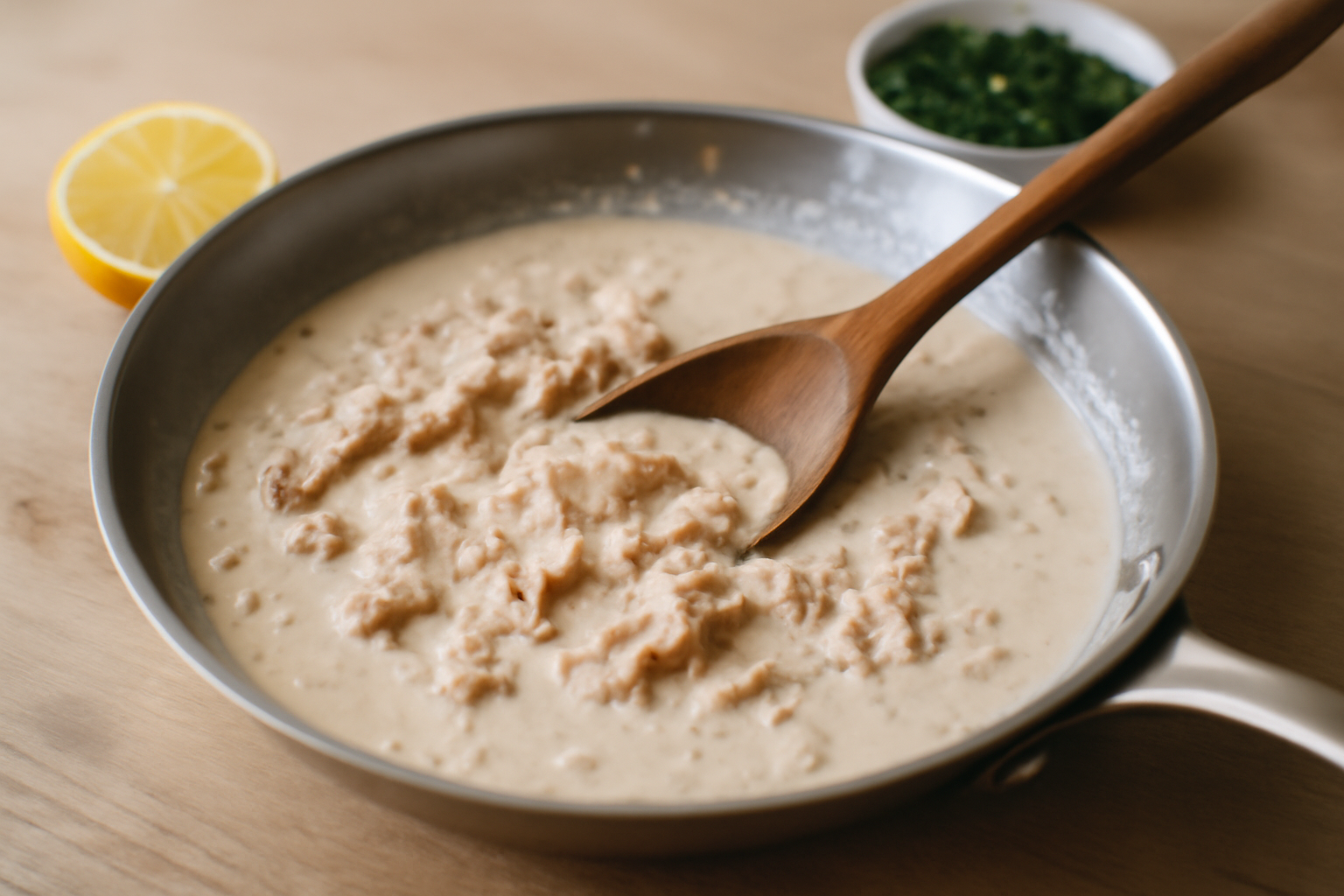 étapes de préparation des pates au thon : poêle avec sauce crème, thon émietté et assaisonnement au citron