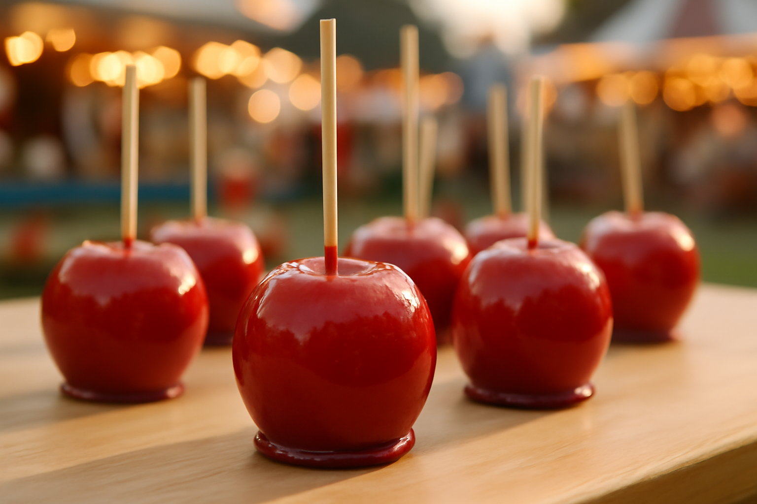 pomme d amour rouge brillante sur bâtonnet, caramel croquant, fête foraine