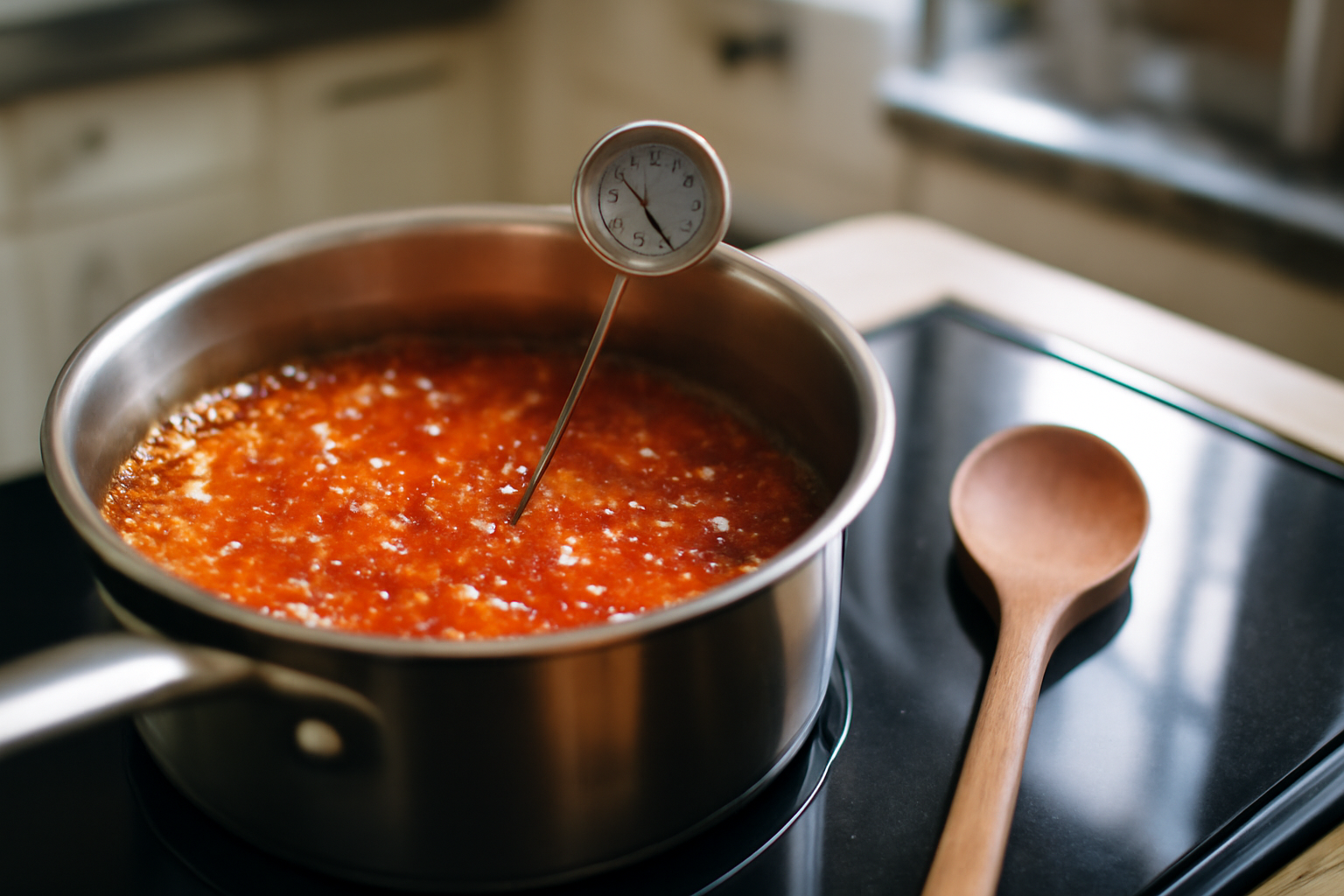 caramel de sucre rouge en casserole avec thermomètre de cuisson, texture brillante