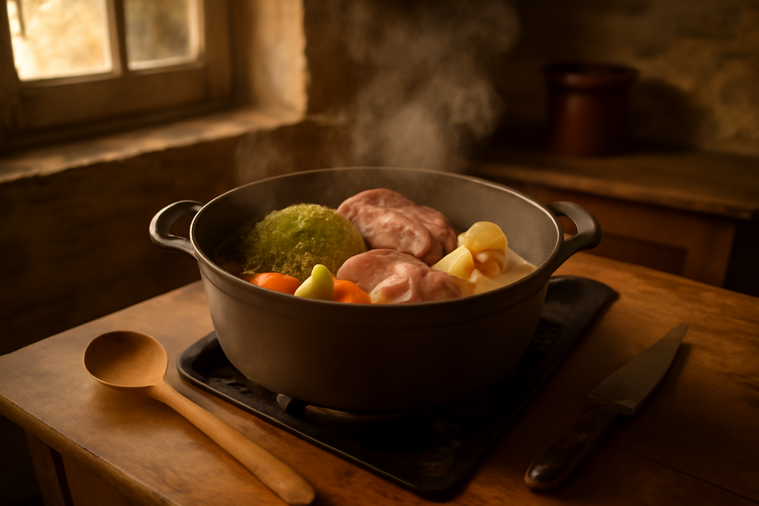 potee auvergnate dans une cocotte fumante, chou vert et viandes demi-sel