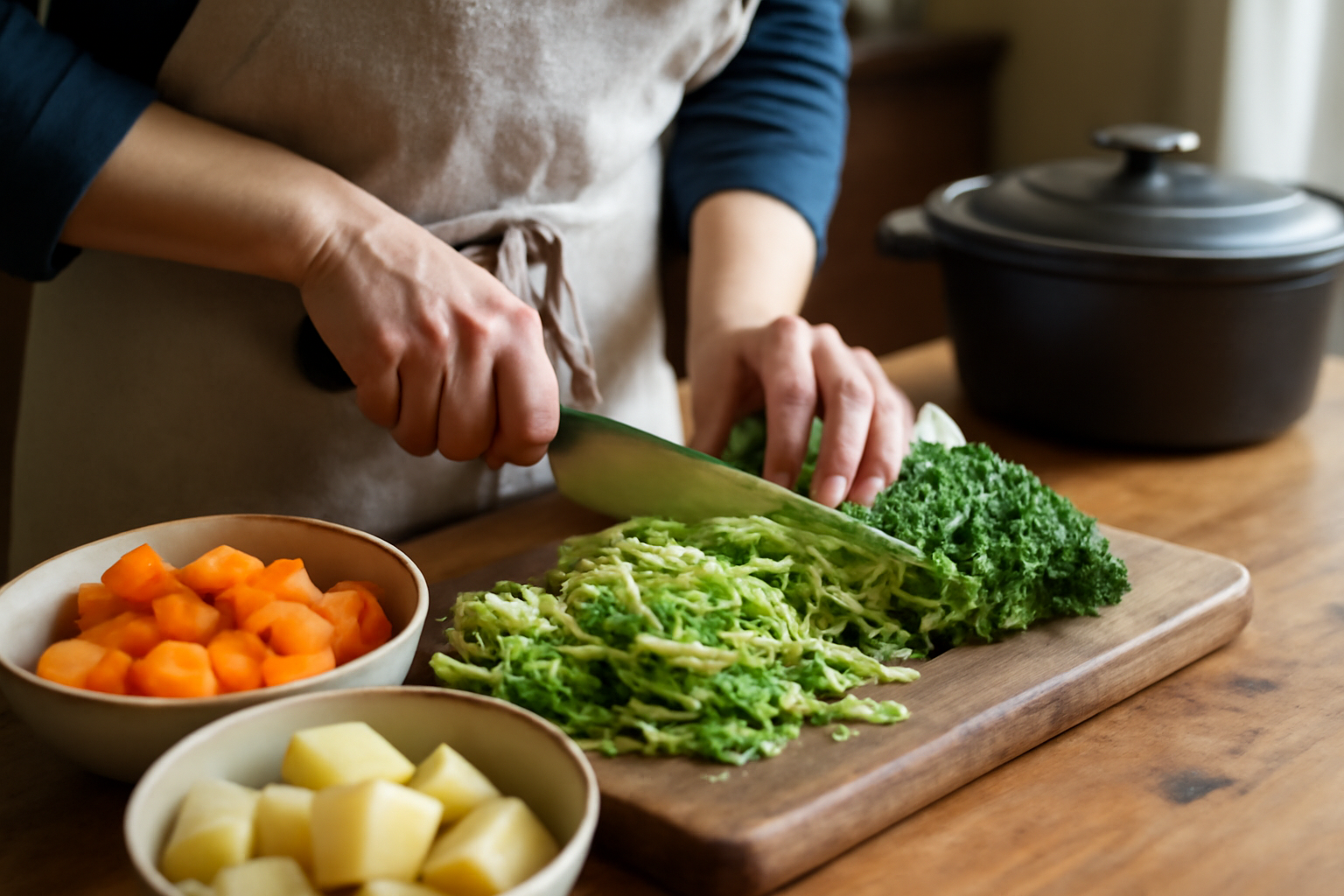 préparation de la potee auvergnate : émincer le chou vert et préparer les légumes sur planche