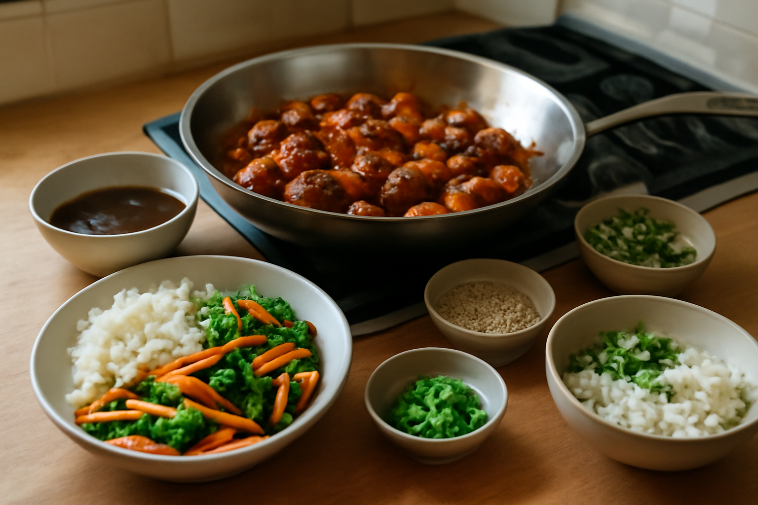 poulet teriyaki nappé de sauce teriyaki, poêle et riz blanc sur table