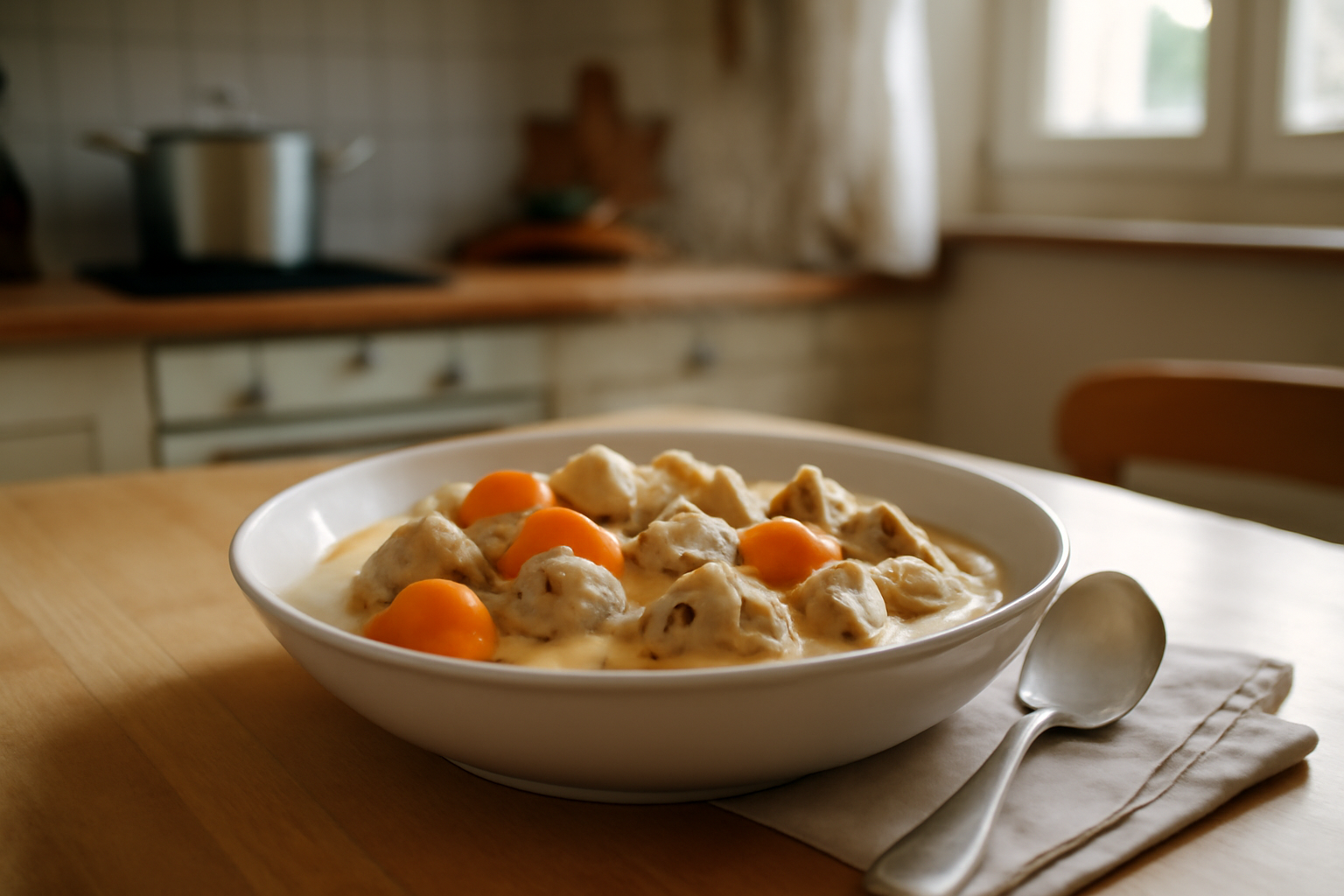 recette blanquette de veau à l’ancienne, plat mijoté blanc nacré avec légumes