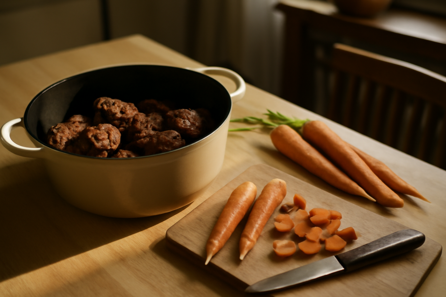 Recette boeuf carottes : morceaux de bœuf à braiser et carottes en cocotte, photo réaliste