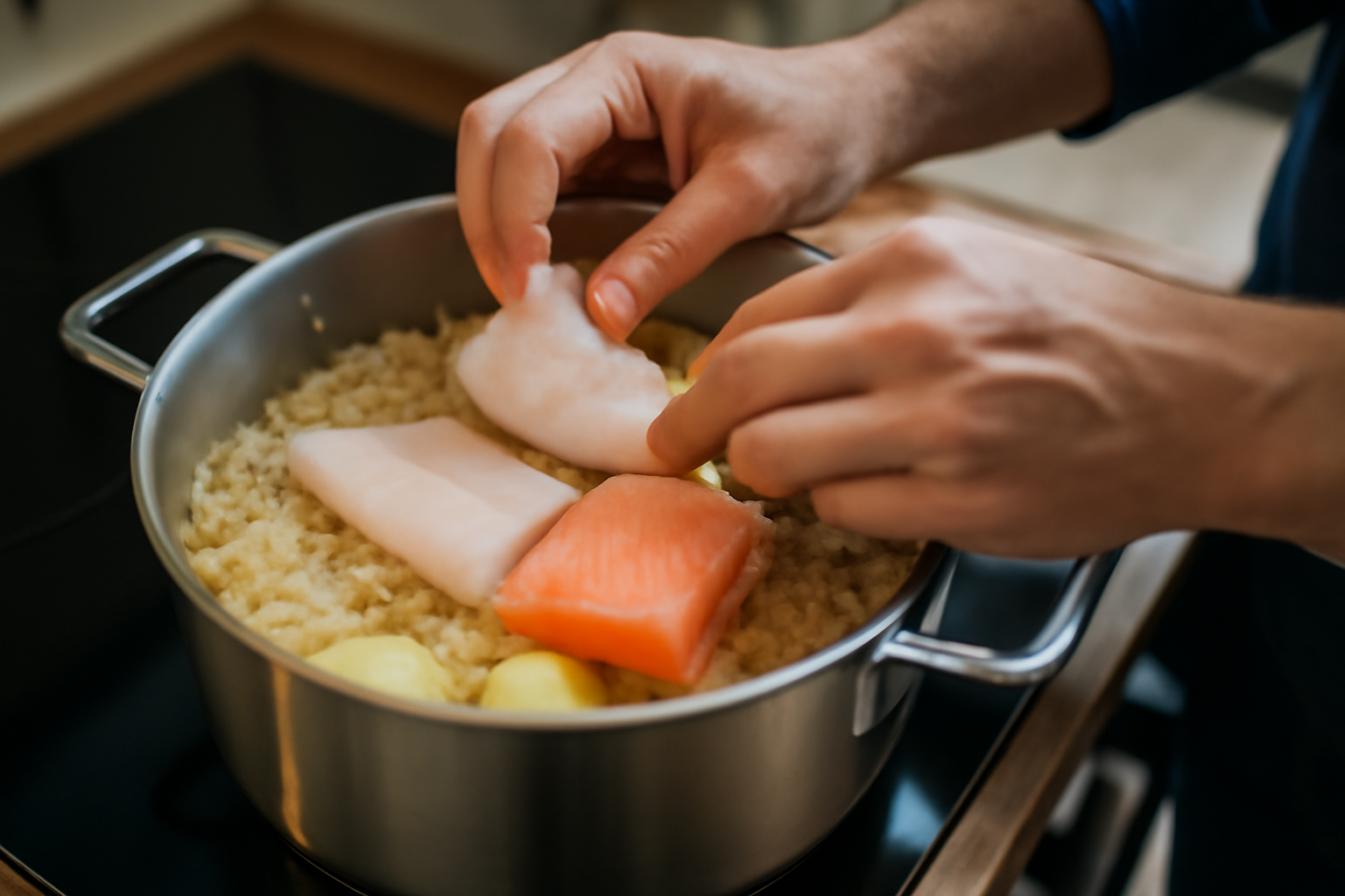 pommes de terre et filets de poisson ajoutés dans une choucroute de la mer