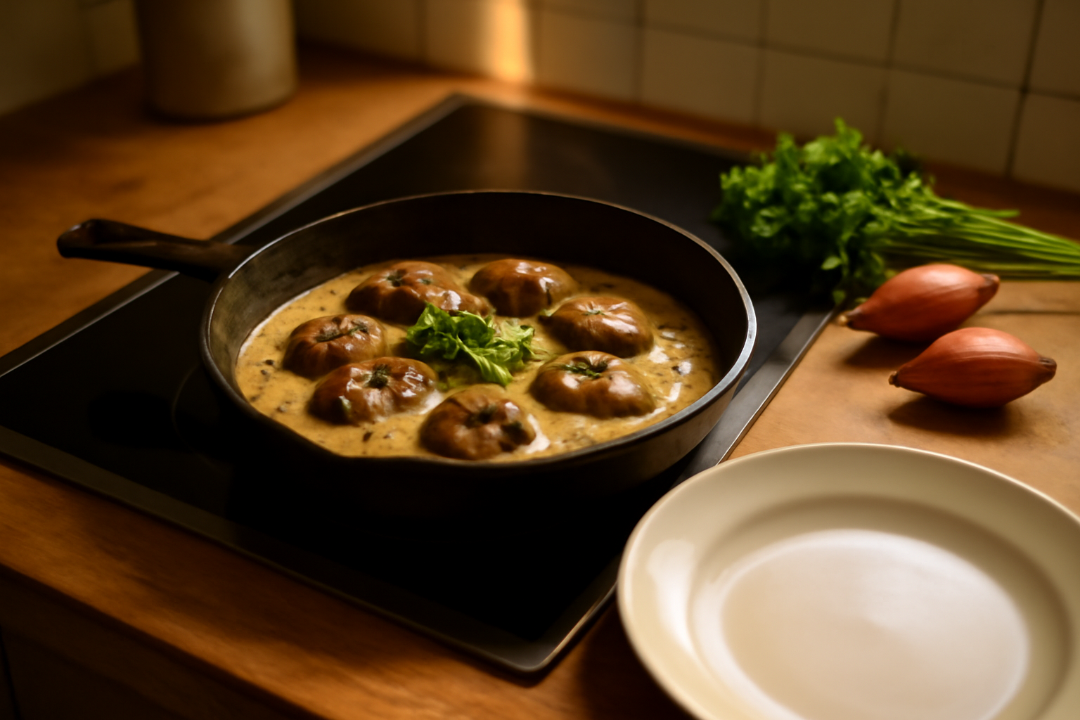 Rognon de veau poêlé dans une poêle en fonte, sauce à la moutarde