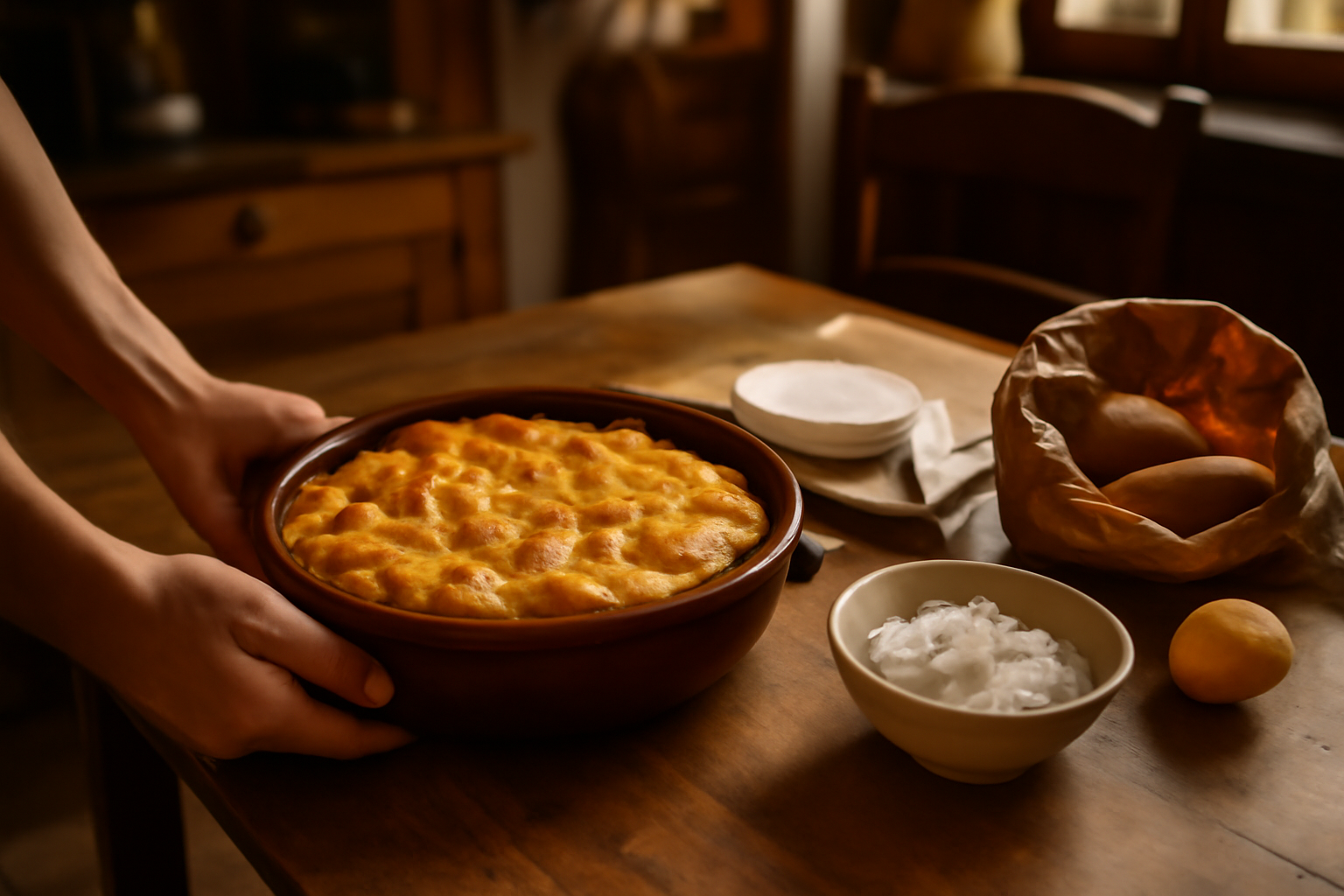 Tartiflette recette grand-mère savoyarde dorée et fumante dans un plat en terre