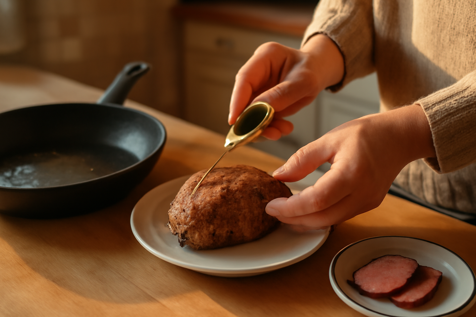 Temps de cuisson : sonde de température et pièces de viande sur plan de travail