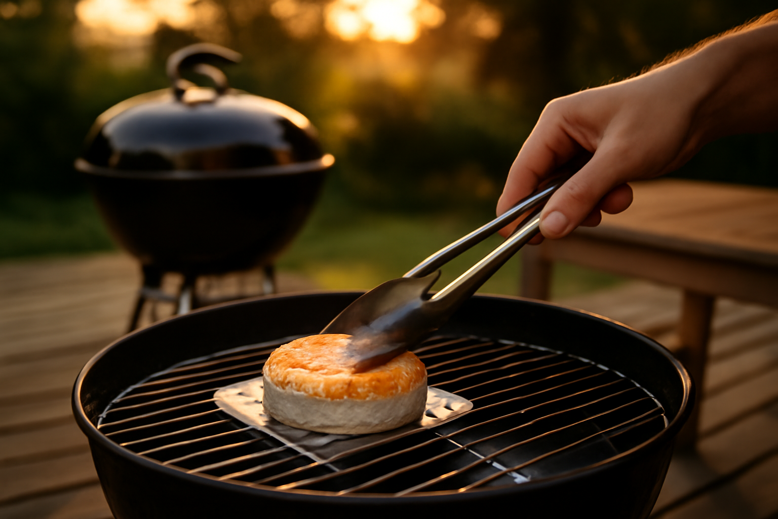Camembert au barbecue sur grille, croûte dorée et cœur coulant, lumière naturelle, table de jardin