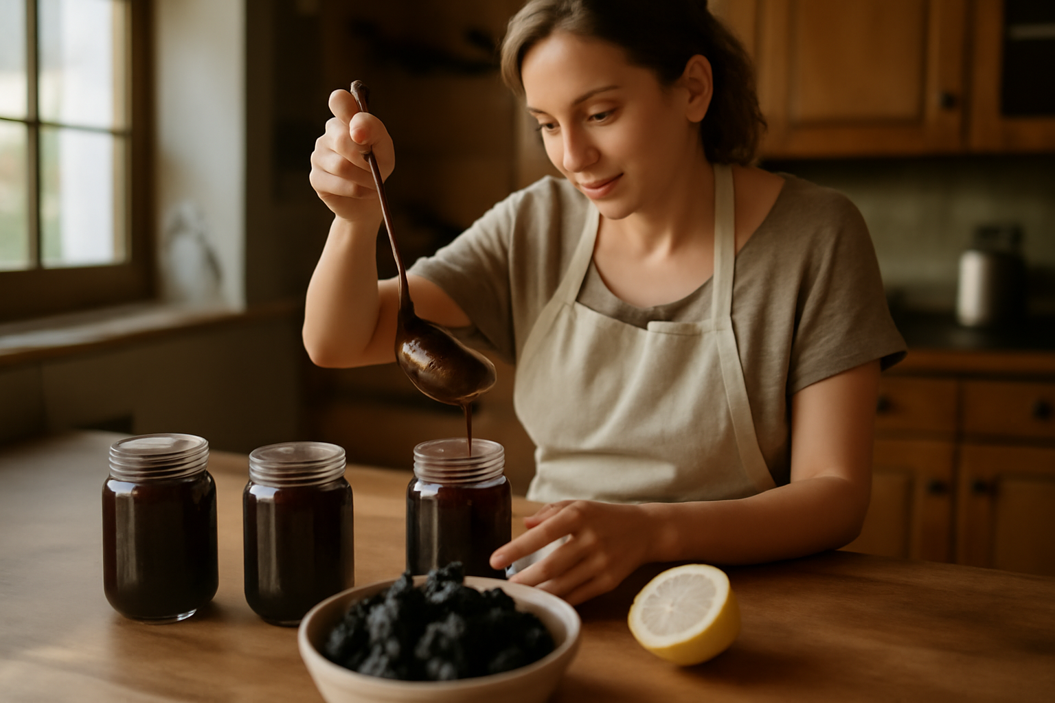 Confiture de mures maison dans des bocaux, mûres fraîches et citron sur un plan de travail