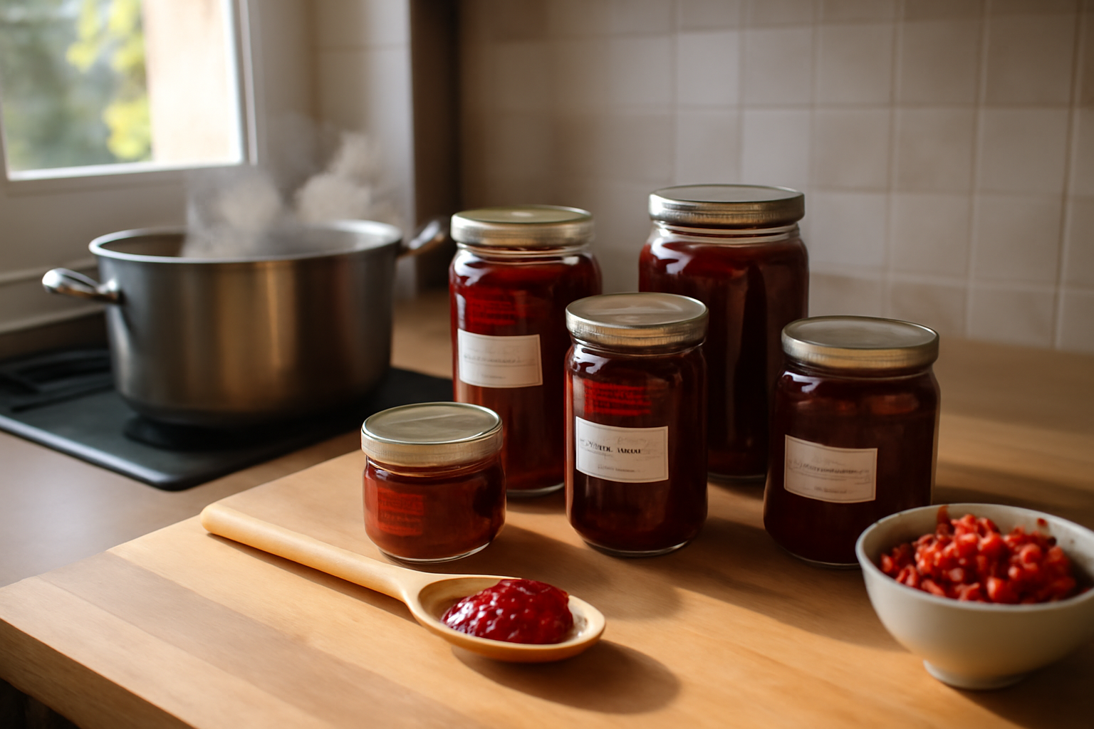 Confiture de groseilles dans des pots en verre, vue de dessus, cuisine lumineuse, cuillère en bois